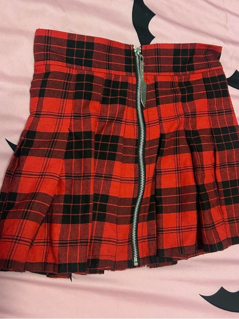 Spencer's Red and Black Plaid Pleated Mini Skirt with Front Zip